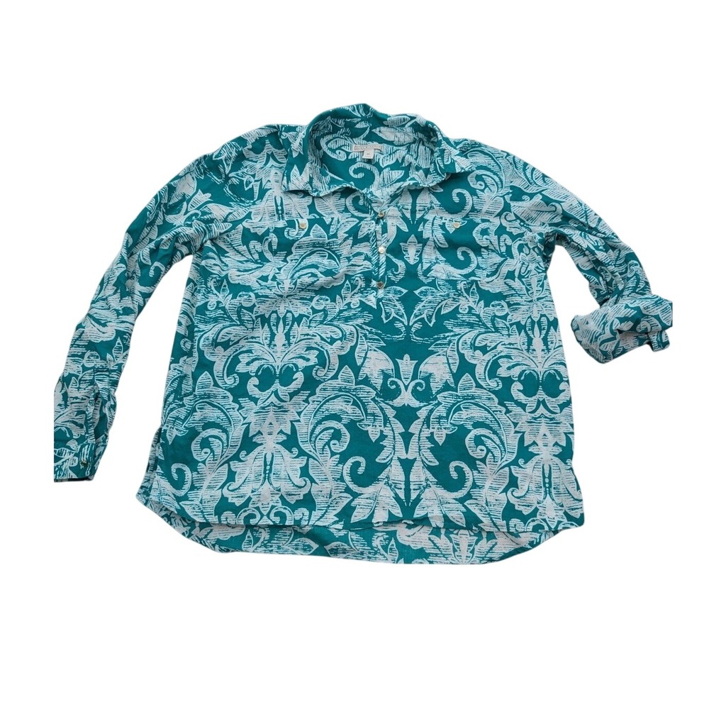 Dana Buchman Teal White‎ Scroll Print Roll Tab Sleeve Button Up Top XL